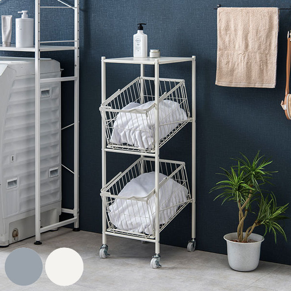 ランドリーワゴン 2段 ワイド 幅38cm 棚付きバスケット ランドリー