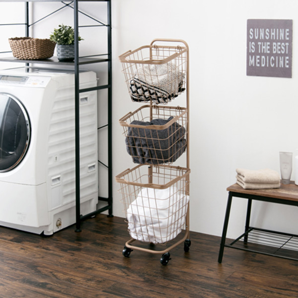 ランドリーワゴン 3段 スリム 幅35cm スクエアバスケット ランドリーラック バスケット付 ニュアンスカラー 角型 ( ランドリーバスケット 洗濯 ランドリー ワゴン 35cm 脱衣かご ランドリー収納 収納 洗濯かご 3個 大容量 ) 【ダークブラウン】 ダークブラウン