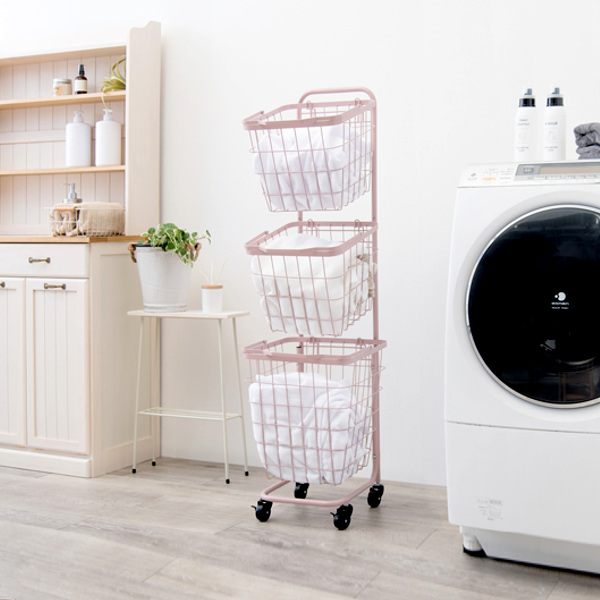 ランドリーワゴン 3段 スリム 幅35cm スクエアバスケット ランドリーラック バスケット付 ニュアンスカラー 角型 ( ランドリーバスケット 洗濯 ランドリー ワゴン 35cm 脱衣かご ランドリー収納 収納 洗濯かご 3個 大容量 ) 【ダークブラウン】 ダークブラウン