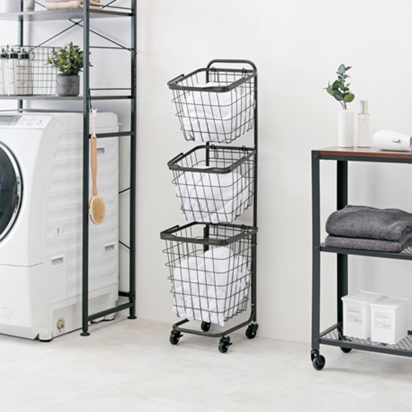 ランドリーワゴン 3段 スリム 幅35cm スクエアバスケット ランドリーラック バスケット付 ニュアンスカラー 角型 ( ランドリーバスケット 洗濯 ランドリー ワゴン 35cm 脱衣かご ランドリー収納 収納 洗濯かご 3個 大容量 ) 【ダークブラウン】 ダークブラウン