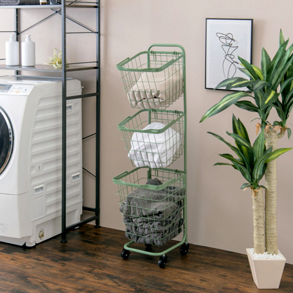 ランドリーワゴン 3段 スリム 幅35cm スクエアバスケット ランドリーラック バスケット付 ニュアンスカラー 角型 ( ランドリーバスケット 洗濯 ランドリー ワゴン 35cm 脱衣かご ランドリー収納 収納 洗濯かご 3個 大容量 ) 【ダークブラウン】 ダークブラウン