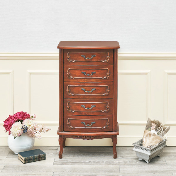 チェスト 5段 クラシック調 マホガニー前板 猫脚 幅52cm ( サイドチェスト リビング収納 天然木 木製 タンス リビングボード 収納 サイドボード ブラウン 茶色 シック 高級感 おしゃれ 完成品 )