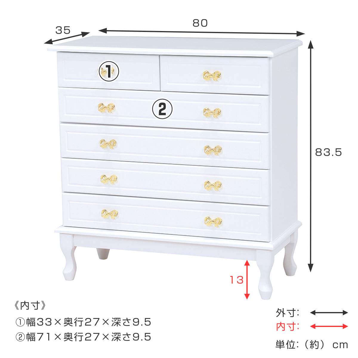 ワイドチェスト 5段 アンティーク調 猫脚 リボン型引手 幅79cm （ 白家具 収納 リビング 天然木 完成品 リボン 引出し ワードローブ 家具  リビング収納 ホワイト 背面化粧 ラック 棚 ）