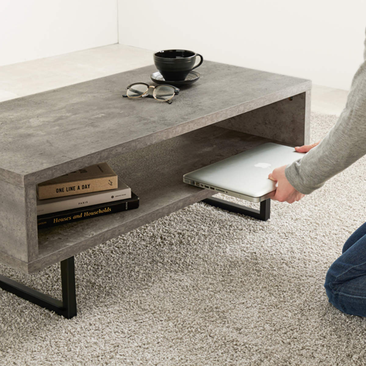 ローテーブル おしゃれ 小さめ オープン収納 コンクリート調 お手入れ簡単 幅90cm