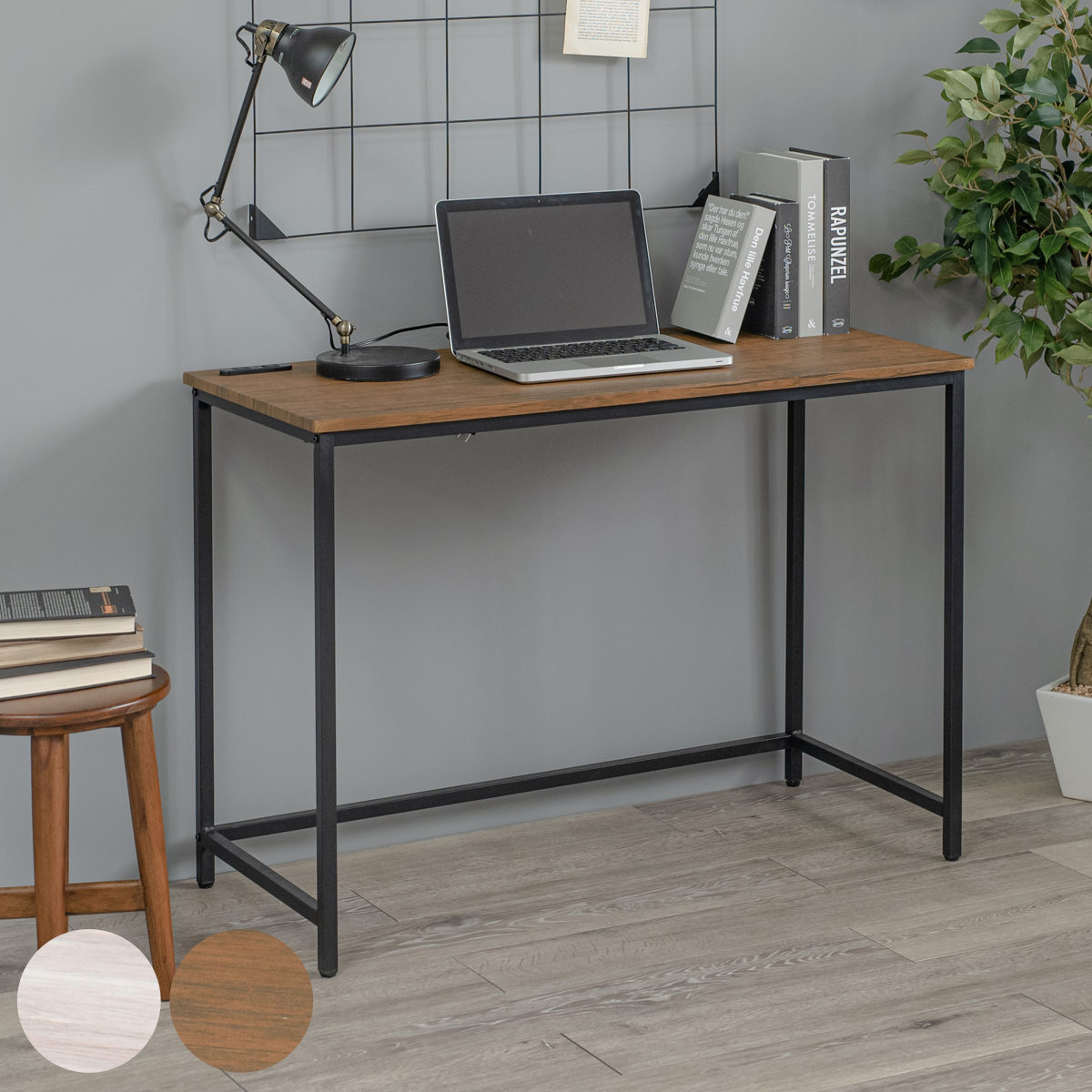 ワークデスク 幅100cm ロングデスク 2口コンセント付 ( スリム デスク 机 シンプルデスク パソコンデスク 木目調 学習机 勉強机 コンセント付き 奥行 45cm スチール脚 ) 【ブラウン】