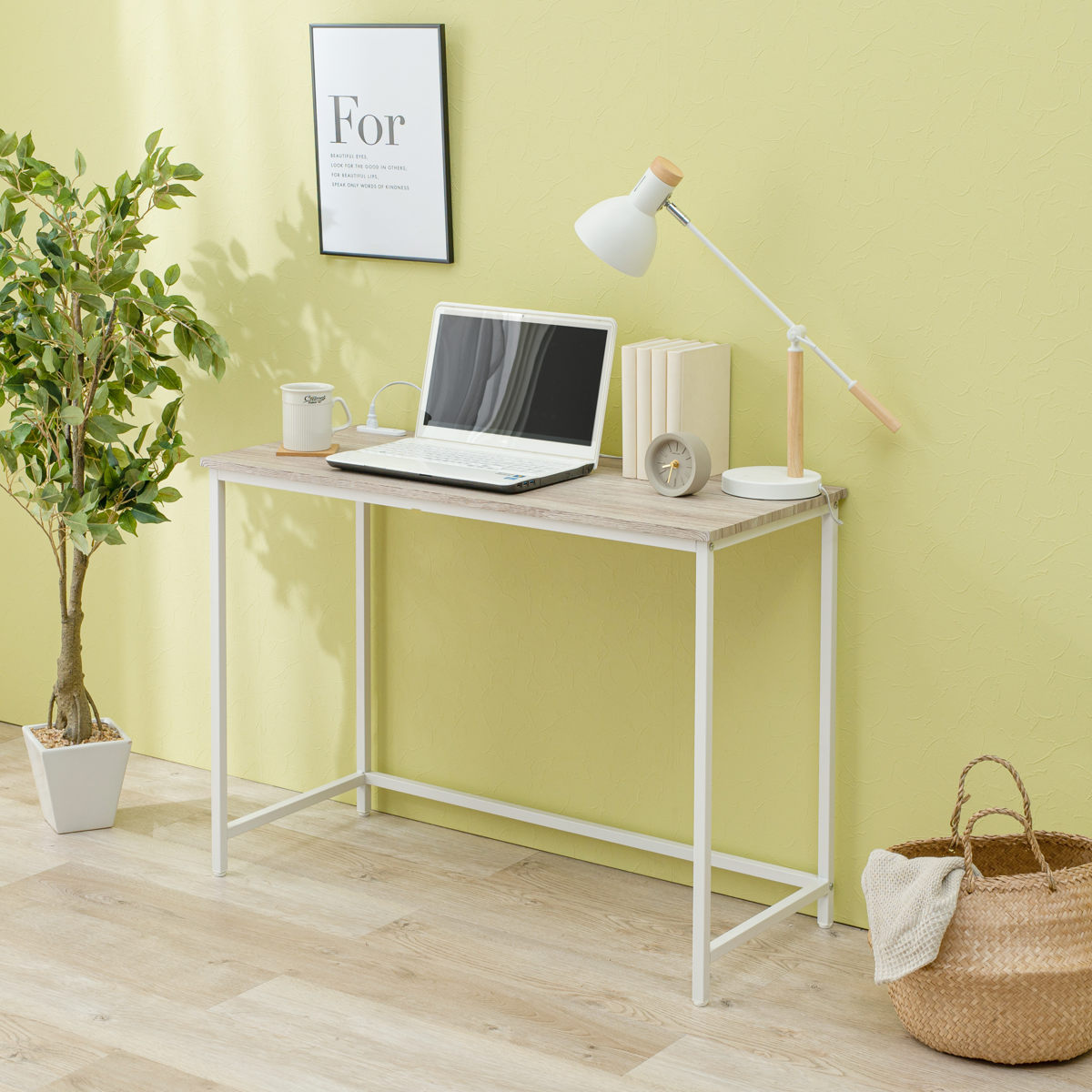 ワークデスク 幅100cm ロングデスク 2口コンセント付 ( スリム デスク 机 シンプルデスク パソコンデスク 木目調 学習机 勉強机 コンセント付き 奥行 45cm スチール脚 ) 【ブラウン】 ブラウン