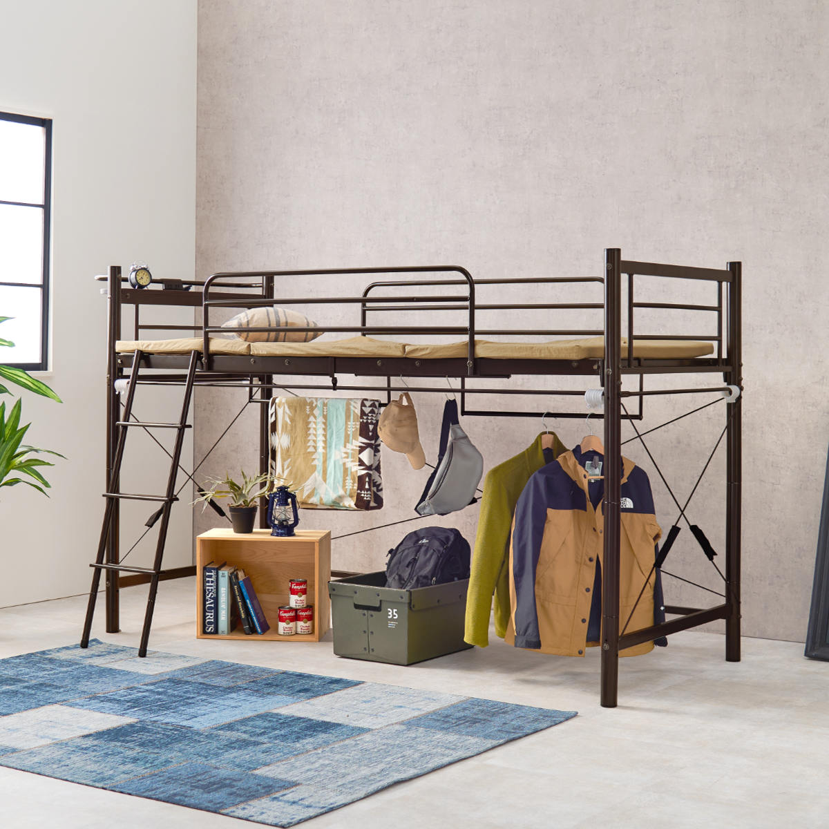 ロフトベッド シングル ロータイプ カーテン取付可能 2口コンセント付 2WAY ( ベッド 低め カーテンレール付 コンセント付 シングルベッド ロフト 宮棚 耐荷重100kg ハンガーポール付 収納 ) 【ホワイト】 ホワイト