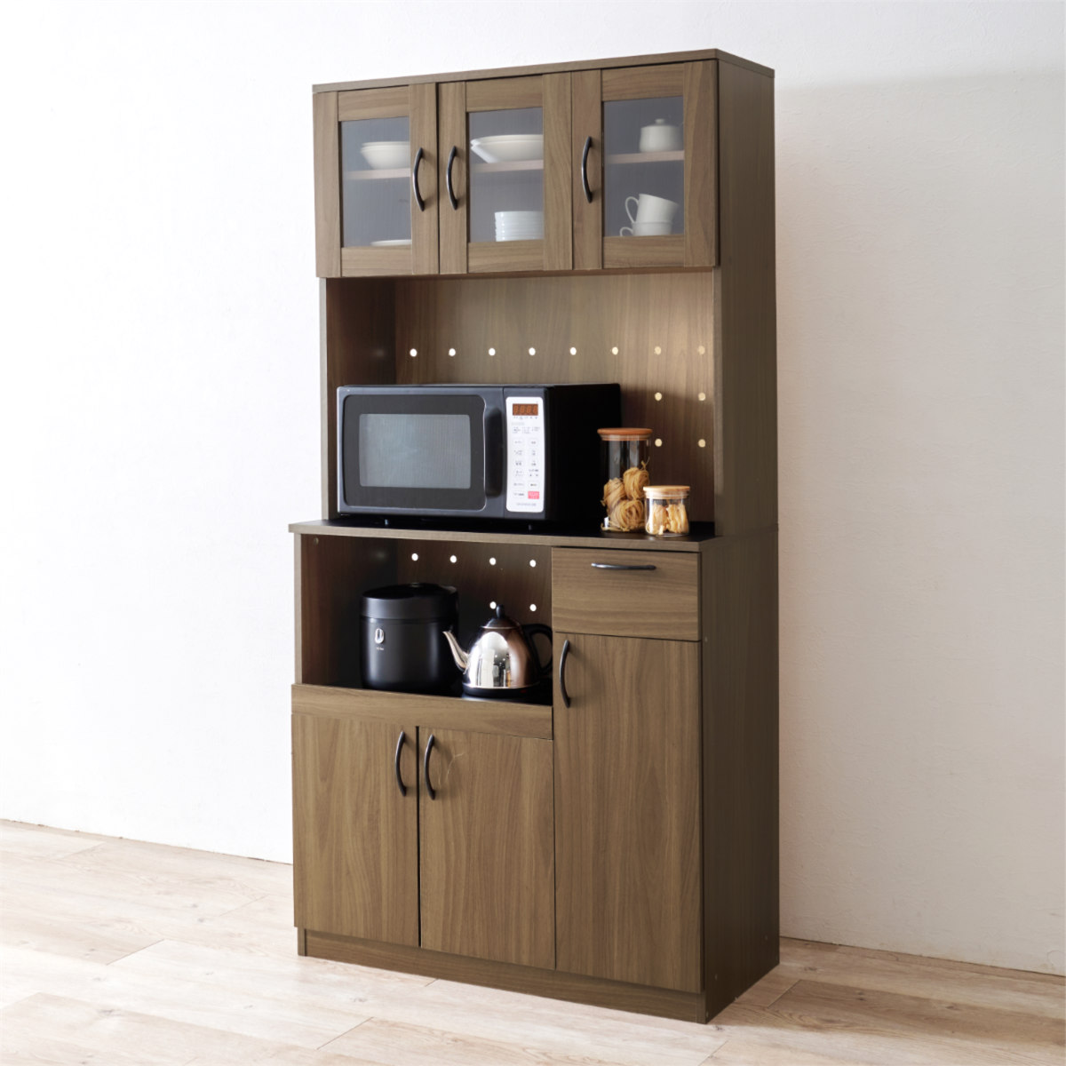 キッチンボード 幅89cm キッチン収納 大容量タイプ ( 食器棚 カップボード キッチンワゴン ラック 棚 収納 隙間 大容量 食器収納 引き出し ブラウン ナチュラル ホワイト シンプル ) 【ブラウン】 ブラウン