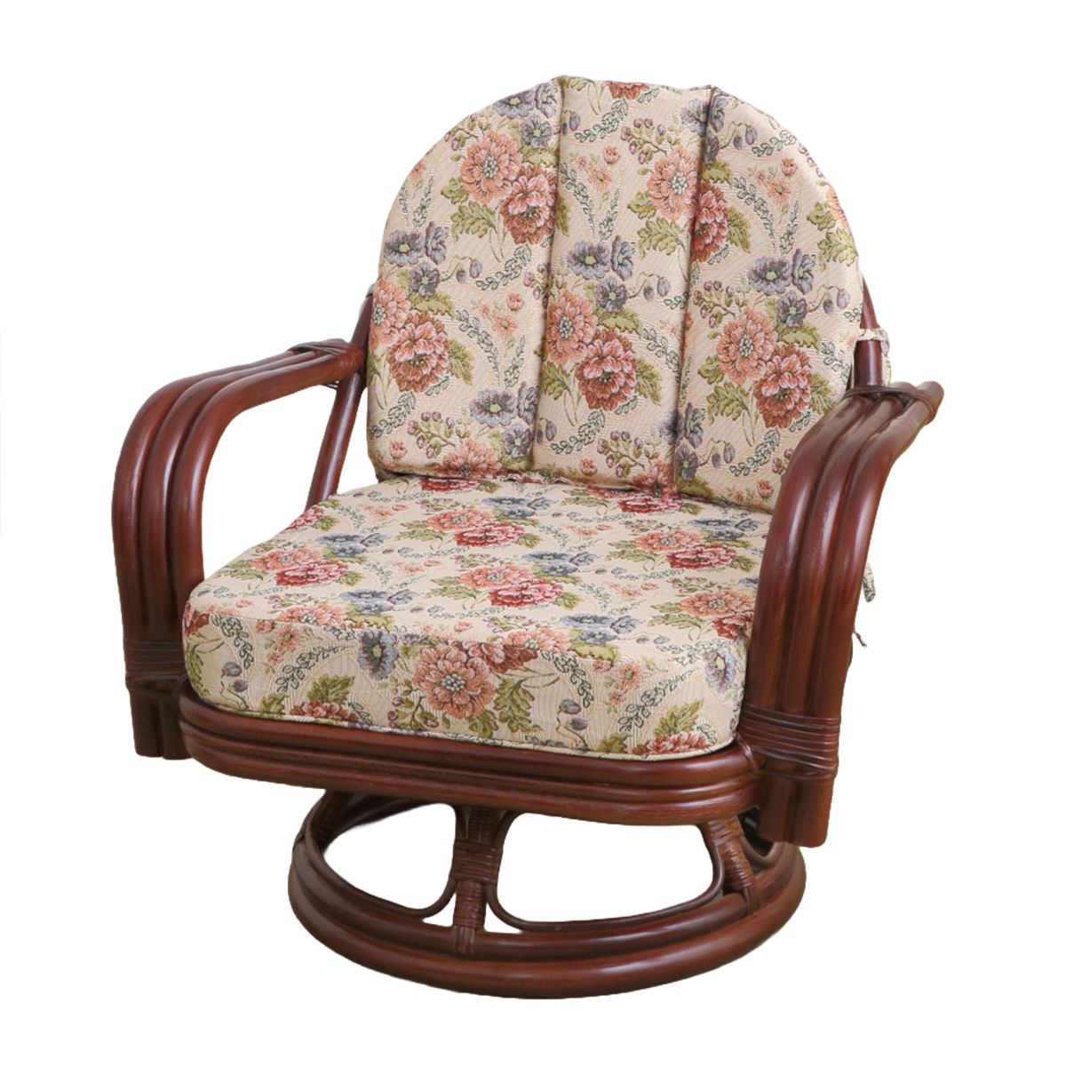 籐 回転座椅子 座面高26cm 花柄 軽量 ダークブラウン ( 座椅子 チェア アームチェア ダイニング 腰かけ 籐製 ラタン 回転椅子 腰掛け 回転式チェア 回転 クッション ローチェア いす イス )