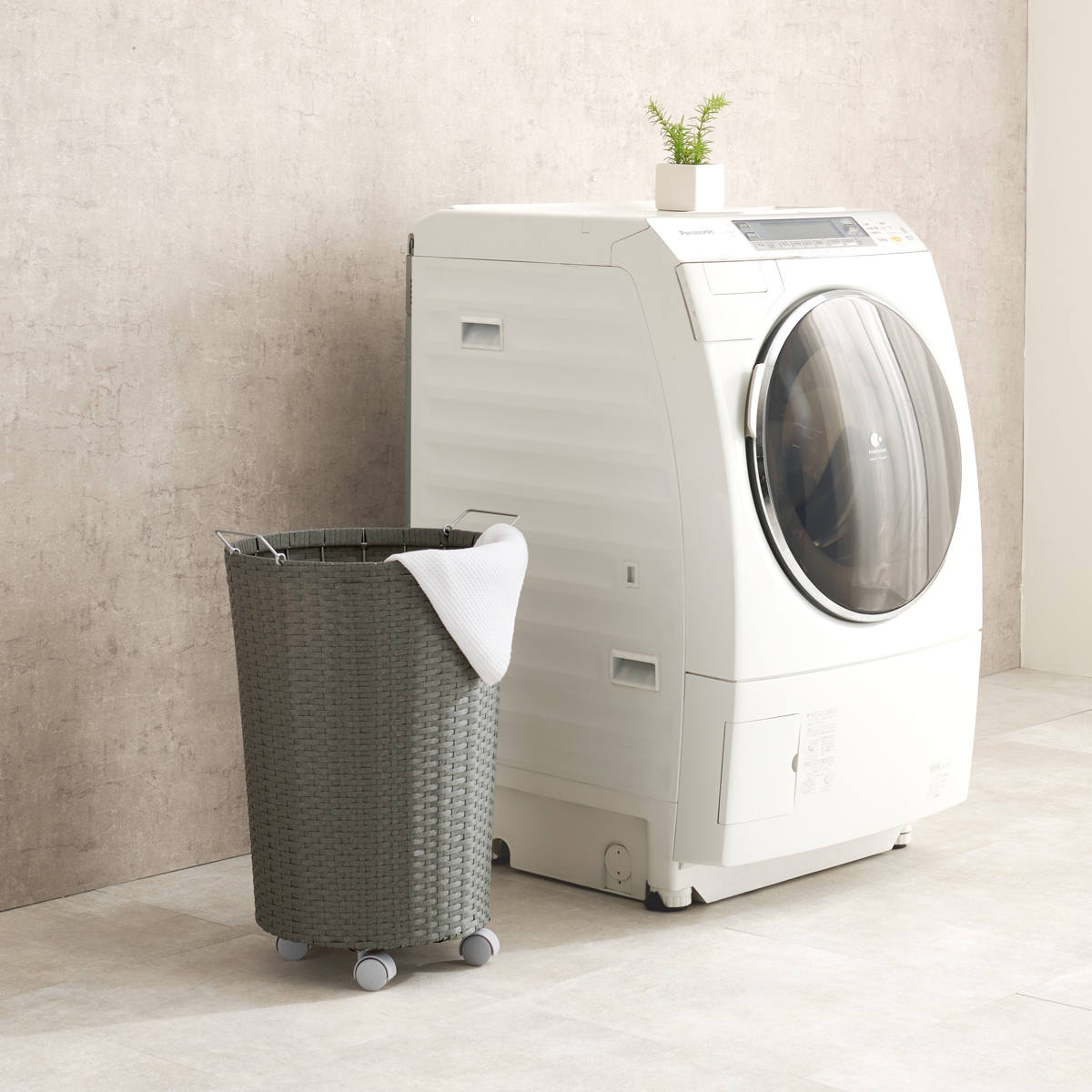 ランドリーバスケットワゴン 幅45cm キャスター付 完成品 ( バスケット ランドリー ワゴン 脱衣カゴ 洗濯カゴ 収納 ランドリーバスケット 防水 ラタン調 ダークブラウン グレー ホワイト 家具 ) 【ホワイト】 ホワイト