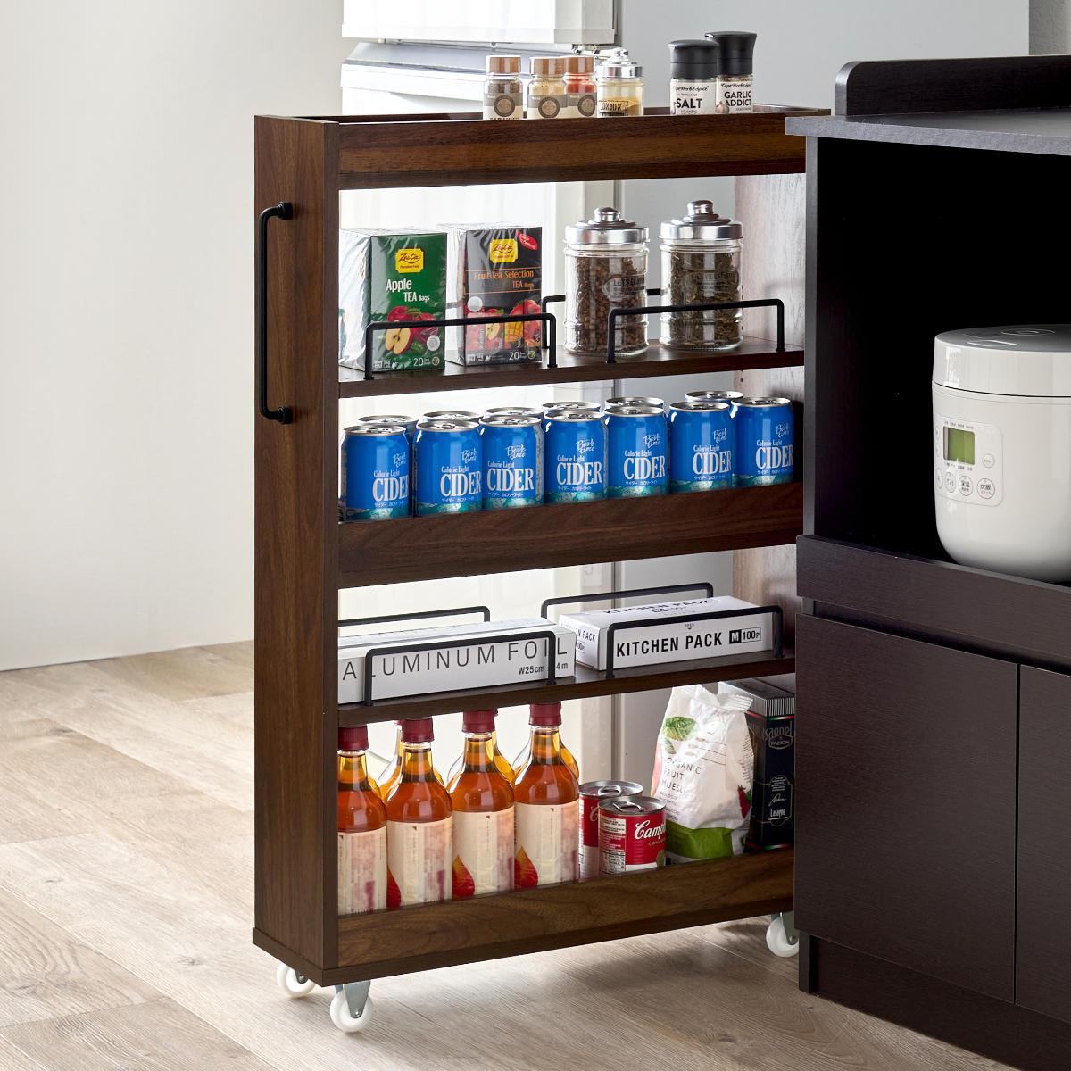 隙間収納ワゴン 幅16cm ロータイプ キャスター付 ( 隙間収納 ワゴン 収納 棚 ラック キッチン ストッカー 省スペース 可動棚 ブラウン ナチュラル ホワイト すき間 ) 【ブラウン】 ブラウン