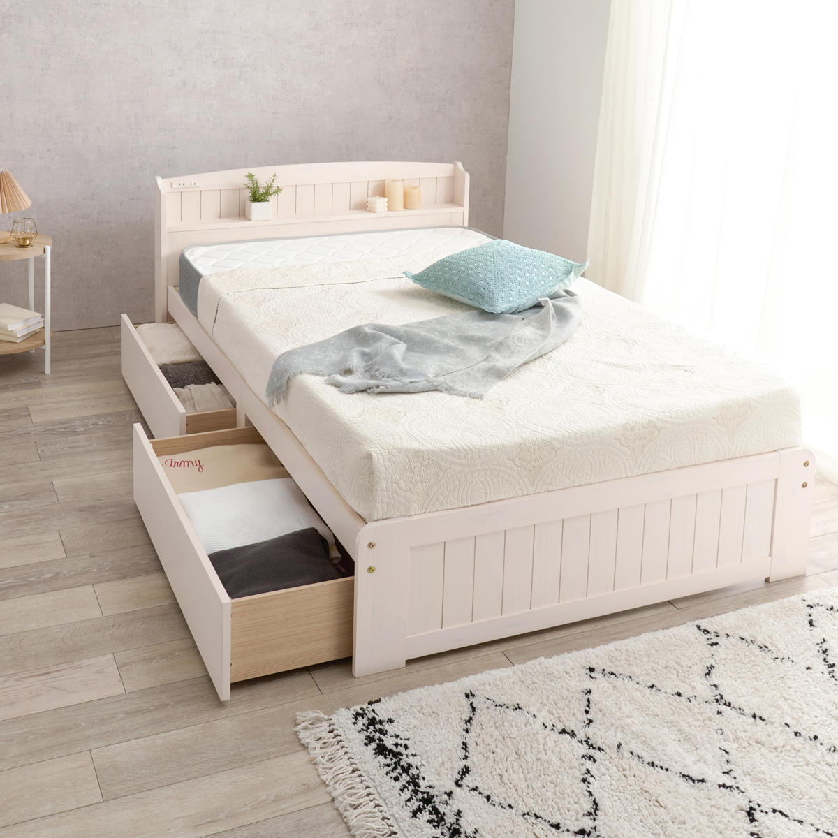 ベッド セミダブル 引出し2杯 ポケットマットレス付 すのこ 宮棚 2口コンセント付 天然木 ( 収納 マットレス付 引出し マットレスセット ベッドフレーム ボンネルコイル 厚さ20cm ライトブラウン ナチュラル ホワイトウォッシュ ) 【ホワイトウォッシュ】 ホワイトウォッシュ