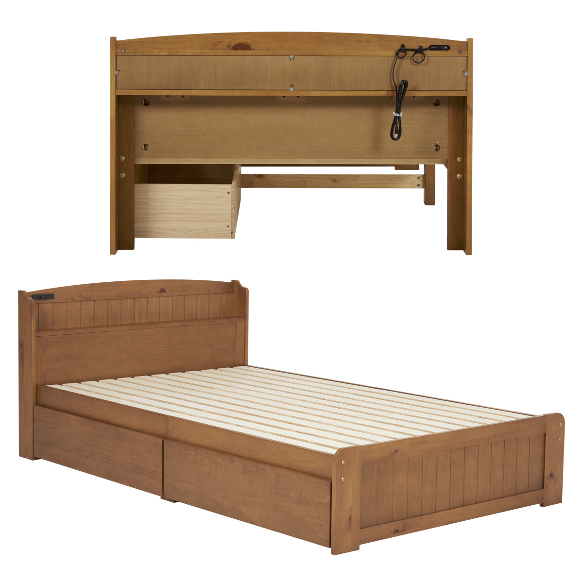 ベッド セミダブル 引出し2杯 ポケットマットレス付 すのこ 宮棚 2口コンセント付 天然木 ( 収納 マットレス付 引出し マットレスセット ベッドフレーム ボンネルコイル 厚さ20cm ライトブラウン ナチュラル ホワイトウォッシュ ) 【ホワイトウォッシュ】 ホワイトウォッシュ