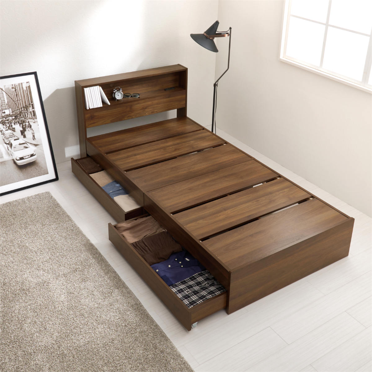 収納付きベッド シングル 引出し2杯 宮棚 2口コンセント付 ( ベッド 収納付 引出し 寝具 大容量 本棚 ラック ベッドフレーム 棚付 ブラウン ナチュラル ホワイトウォッシュ ) 【ホワイトウォッシュ】 ホワイトウォッシュ