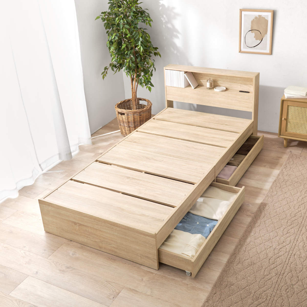 収納付きベッド シングル 引出し2杯 宮棚 2口コンセント付 ( ベッド 収納付 引出し 寝具 大容量 本棚 ラック ベッドフレーム 棚付 ブラウン ナチュラル ホワイトウォッシュ ) 【ホワイトウォッシュ】 ホワイトウォッシュ