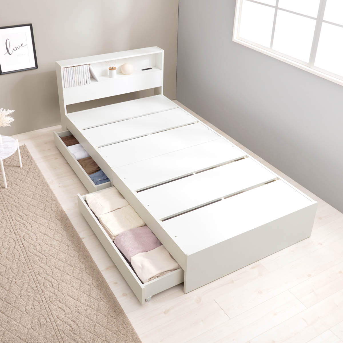 収納付きベッド シングル 引出し2杯 宮棚 2口コンセント付 ( ベッド 収納付 引出し 寝具 大容量 本棚 ラック ベッドフレーム 棚付 ブラウン ナチュラル ホワイトウォッシュ ) 【ホワイトウォッシュ】 ホワイトウォッシュ