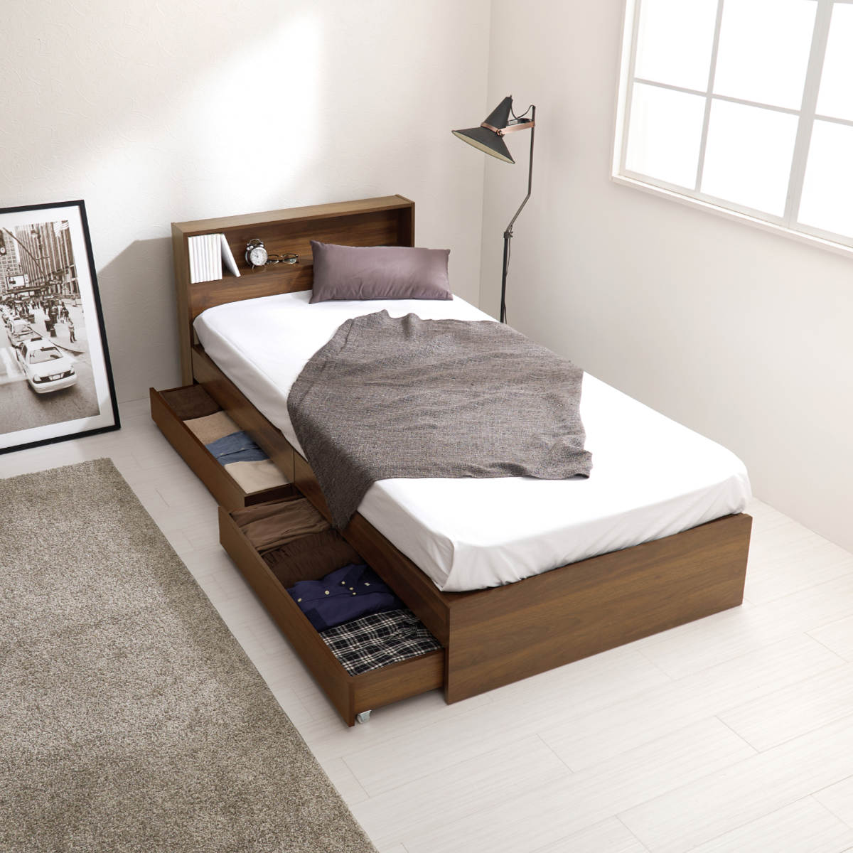 収納付きベッド シングル 引出し2杯 宮棚 2口コンセント付 ( ベッド 収納付 引出し 寝具 大容量 本棚 ラック ベッドフレーム 棚付 ブラウン ナチュラル ホワイトウォッシュ ) 【ホワイトウォッシュ】 ホワイトウォッシュ
