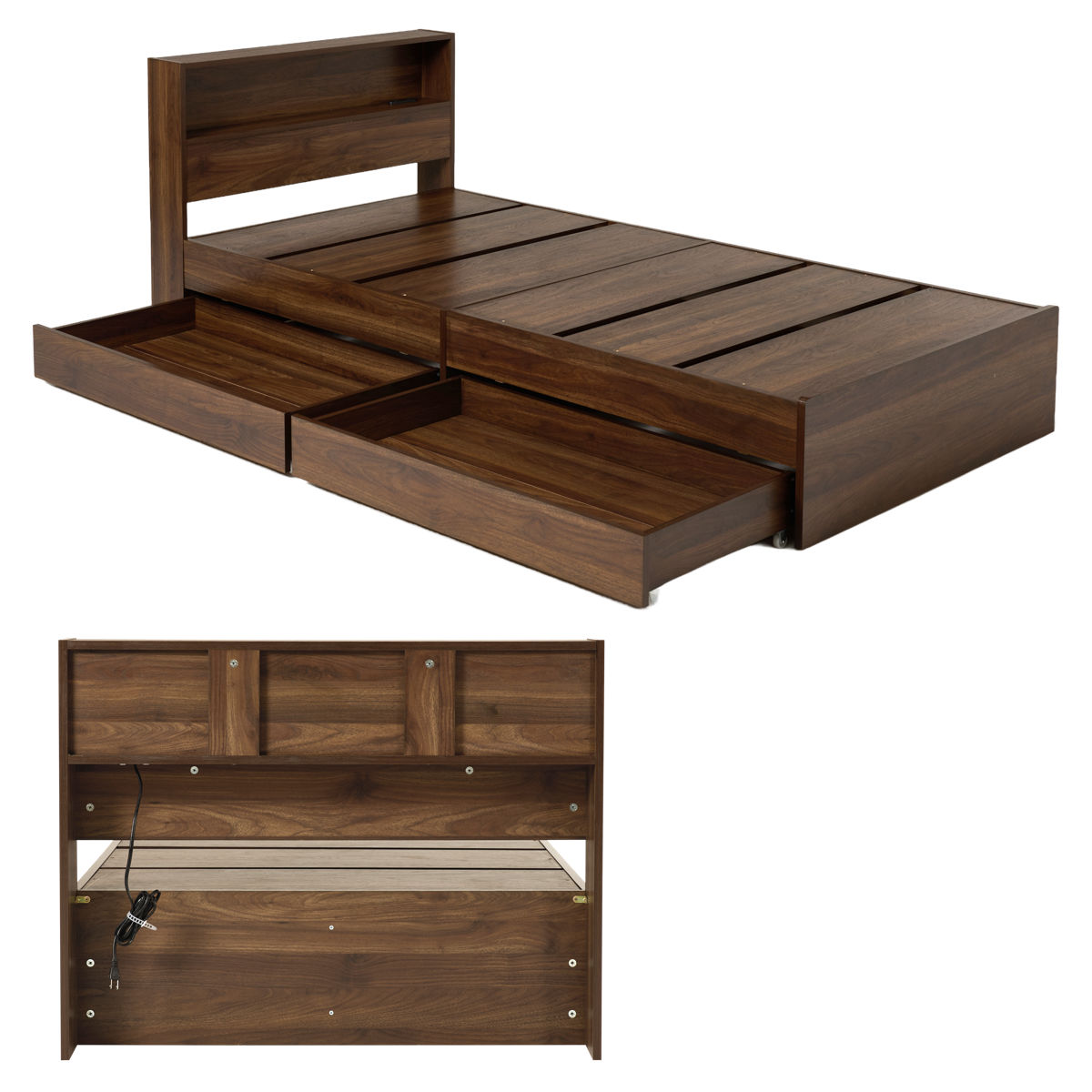 収納付きベッド シングル 引出し2杯 宮棚 2口コンセント付 ( ベッド 収納付 引出し 寝具 大容量 本棚 ラック ベッドフレーム 棚付 ブラウン ナチュラル ホワイトウォッシュ ) 【ホワイトウォッシュ】 ホワイトウォッシュ