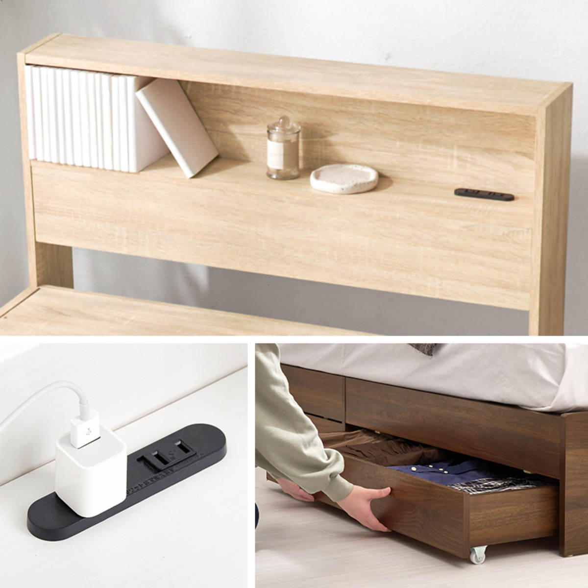 収納付きベッド シングル 引出し2杯 宮棚 2口コンセント付 ( ベッド 収納付 引出し 寝具 大容量 本棚 ラック ベッドフレーム 棚付 ブラウン ナチュラル ホワイトウォッシュ ) 【ホワイトウォッシュ】 ホワイトウォッシュ