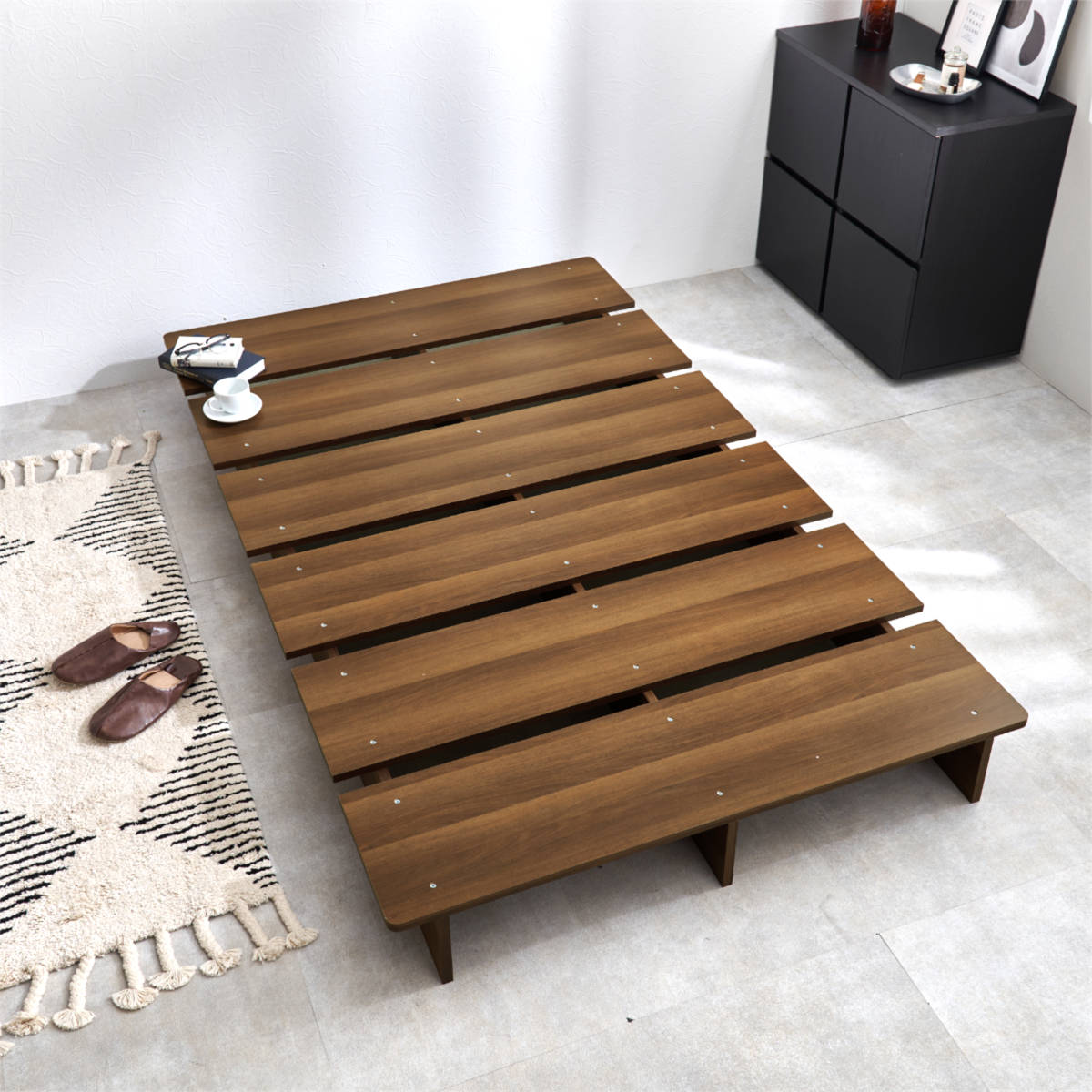 ローベッド シングル 幅120cm ステージベッド 余白デザイン ( ベッド 耐荷重350kg ステージ ロータイプ ベッドフレーム ブラウン ナチュラル シンプル 高耐荷重 ) 【ブラウン】 ブラウン