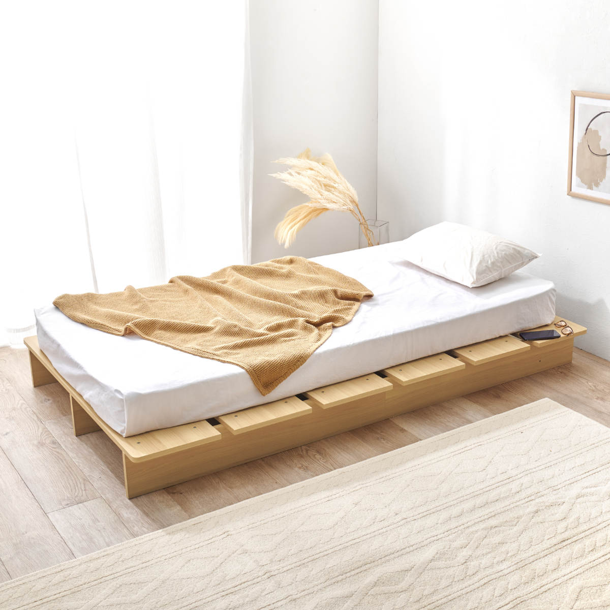 ローベッド シングル 幅120cm ステージベッド 余白デザイン ( ベッド 耐荷重350kg ステージ ロータイプ ベッドフレーム ブラウン ナチュラル シンプル 高耐荷重 ) 【ブラウン】 ブラウン