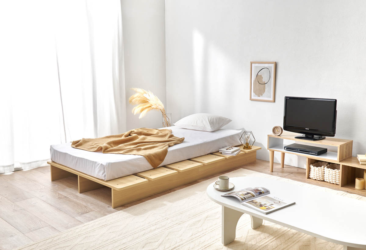 ローベッド シングル 幅120cm ステージベッド 余白デザイン ( ベッド 耐荷重350kg ステージ ロータイプ ベッドフレーム ブラウン ナチュラル シンプル 高耐荷重 ) 【ブラウン】 ブラウン