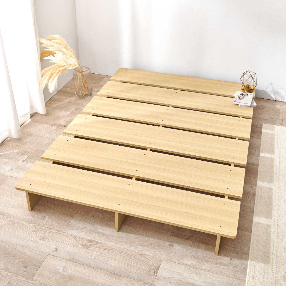 ローベッド セミダブル 幅140cm ステージベッド 余白デザイン ( ベッド 耐荷重350kg ステージ ロータイプ ベッドフレーム ブラウン ナチュラル シンプル 高耐荷重 ) 【ナチュラル】 ナチュラル