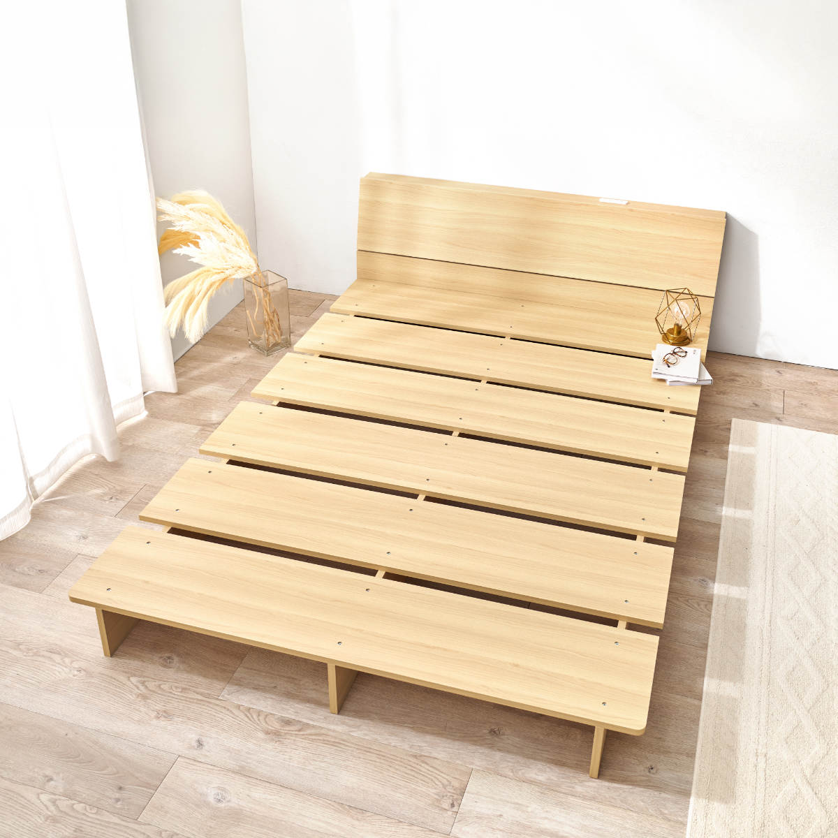 ローベッド セミダブル 幅140cm ステージベッド 背もたれ 2口コンセント付 余白デザイン ( ベッド 耐荷重350kg ステージ ロータイプ 棚付 ベッドフレーム ブラウン ナチュラル シンプル 高耐荷重 コンセント付 ) 【ブラウン】 ブラウン