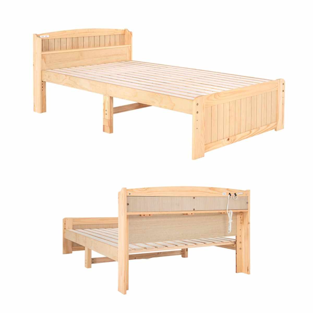 すのこベッド セミダブル ボンネルマットレス付 宮棚 2口コンセント付 ( ベッド マットレス付 セミシングル ショート ボンネルコイル 天然木 ベッドフレーム 厚さ14.5cm ライトブラウン ナチュラル ホワイトウォッシュ ) 【ホワイトウォッシュ】 ホワイトウォッシュ