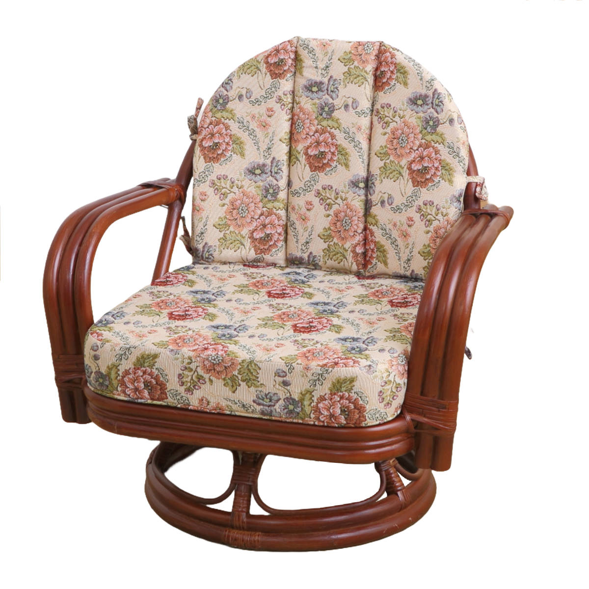 籐 回転座椅子 座面高26cm 花柄 軽量 ライトブラウン ( 座椅子 チェア アームチェア ダイニング 腰かけ 籐製 ラタン 回転椅子 腰掛け 回転式チェア 回転 クッション ローチェア いす イス )