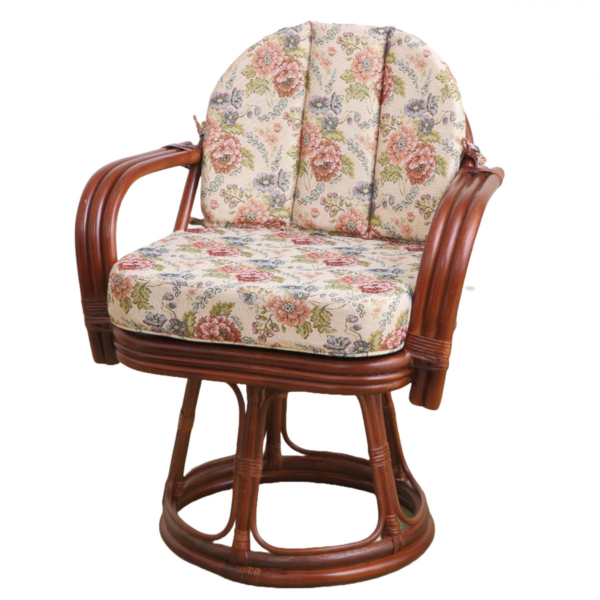 籐 回転座椅子 座面高42cm 花柄 軽量 ライトブラウン ( 座椅子 チェア アームチェア ダイニング 腰かけ 籐製 ラタン 回転椅子 腰掛け 回転式チェア 回転 クッション ハイチェア いす イス )