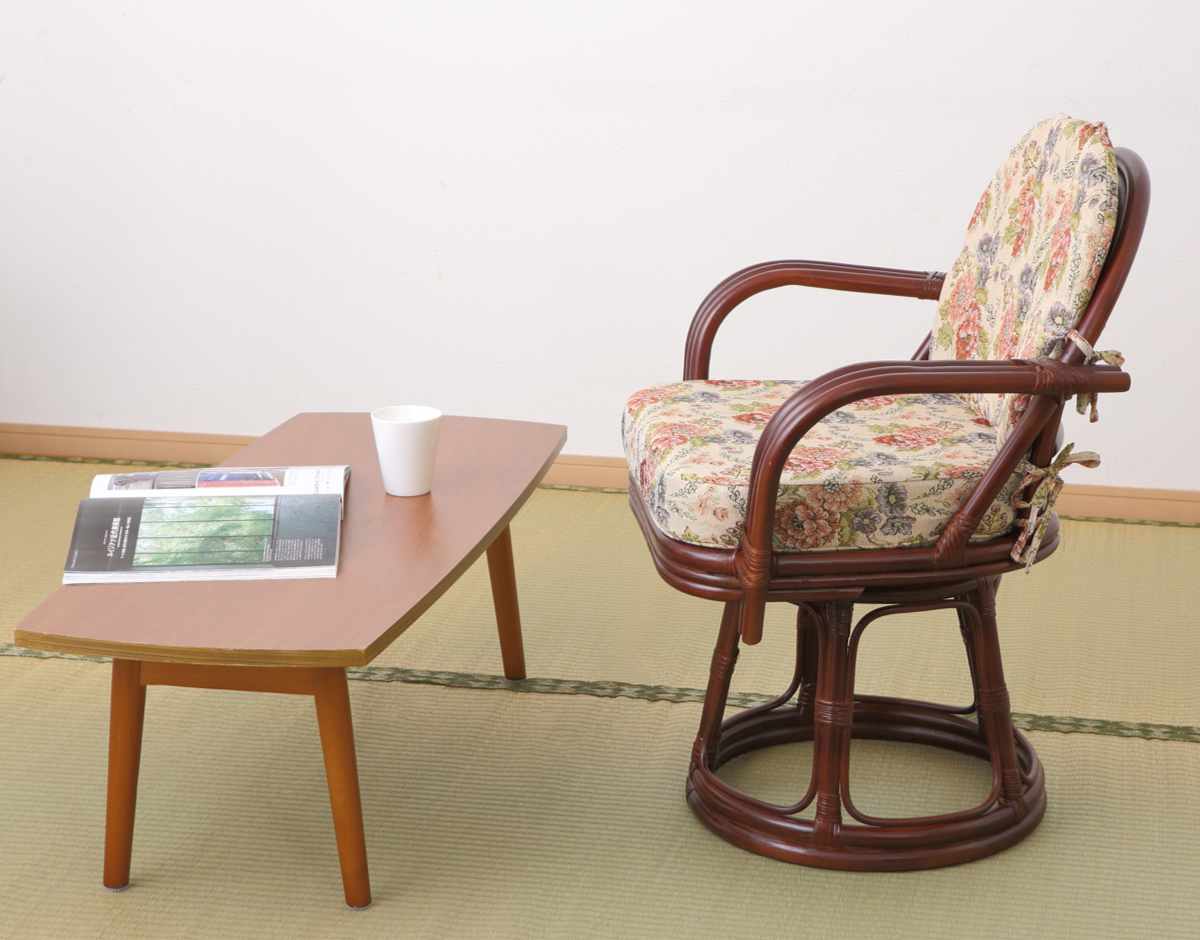 籐 回転座椅子 座面高42cm 花柄 軽量 ライトブラウン ( 座椅子 チェア アームチェア ダイニング 腰かけ 籐製 ラタン 回転椅子 腰掛け 回転式チェア 回転 クッション ハイチェア いす イス )