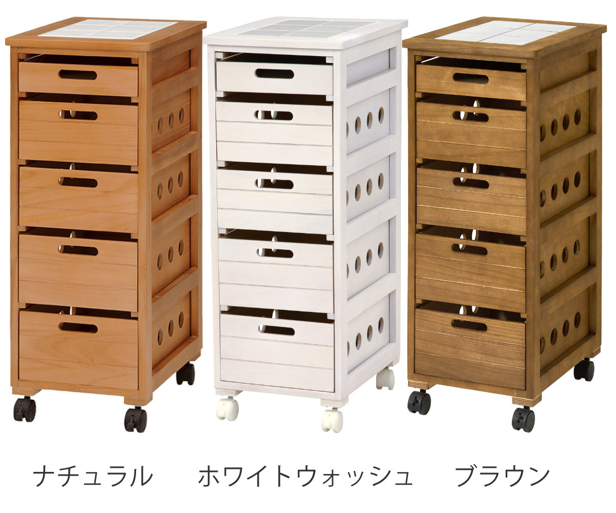 キッチンストッカー 幅30cm 5段 スリムタイプ タイルトップ 桐製 キャスター付 ( ストッカー キッチンワゴン 収納 ラック ワゴン スリム 完成品 引き出し 隙間収納 5杯 棚 タイル天板 桐 木製 多目的ラック タイル カウンター ) 【ナチュラル】 ナチュラル