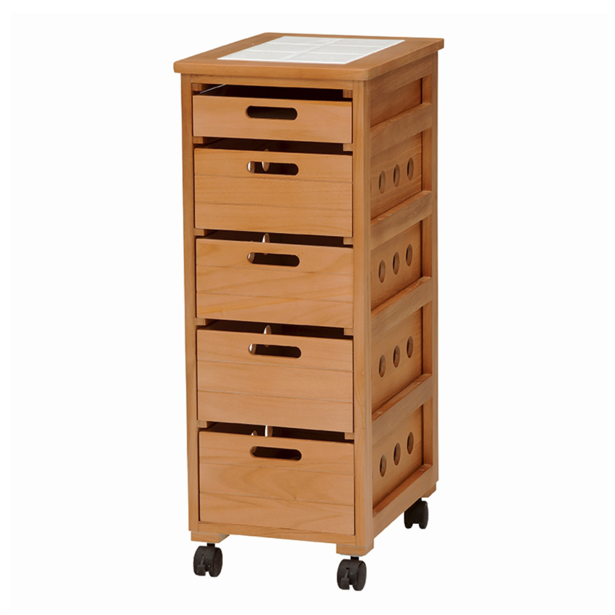 キッチンストッカー 幅30cm 5段 スリムタイプ タイルトップ 桐製 キャスター付 ( ストッカー キッチンワゴン 収納 ラック ワゴン スリム 完成品 引き出し 隙間収納 5杯 棚 タイル天板 桐 木製 多目的ラック タイル カウンター ) 【ナチュラル】 ナチュラル