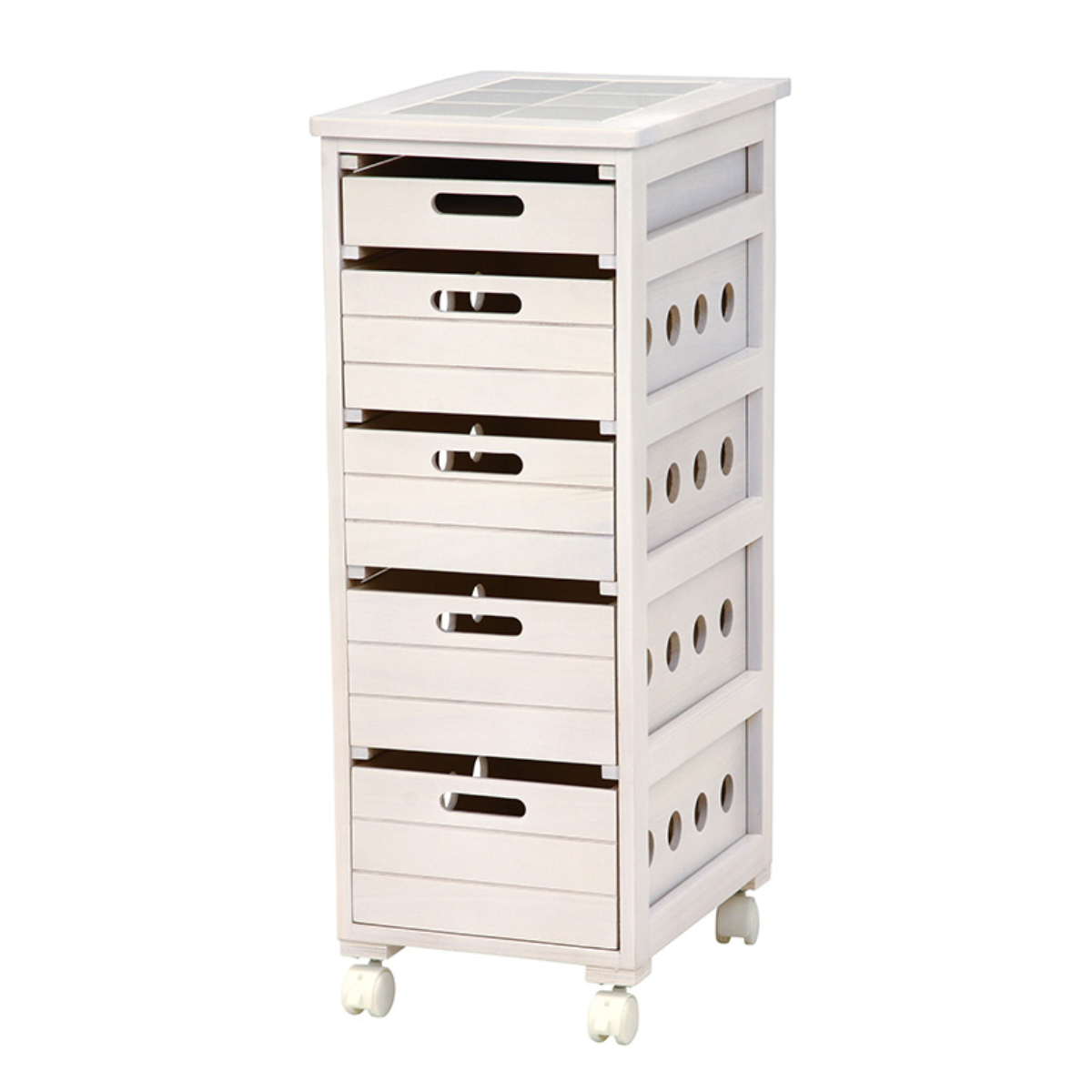 キッチンストッカー 幅30cm 5段 スリムタイプ タイルトップ 桐製 キャスター付 ( ストッカー キッチンワゴン 収納 ラック ワゴン スリム 完成品 引き出し 隙間収納 5杯 棚 タイル天板 桐 木製 多目的ラック タイル カウンター ) 【ナチュラル】 ナチュラル