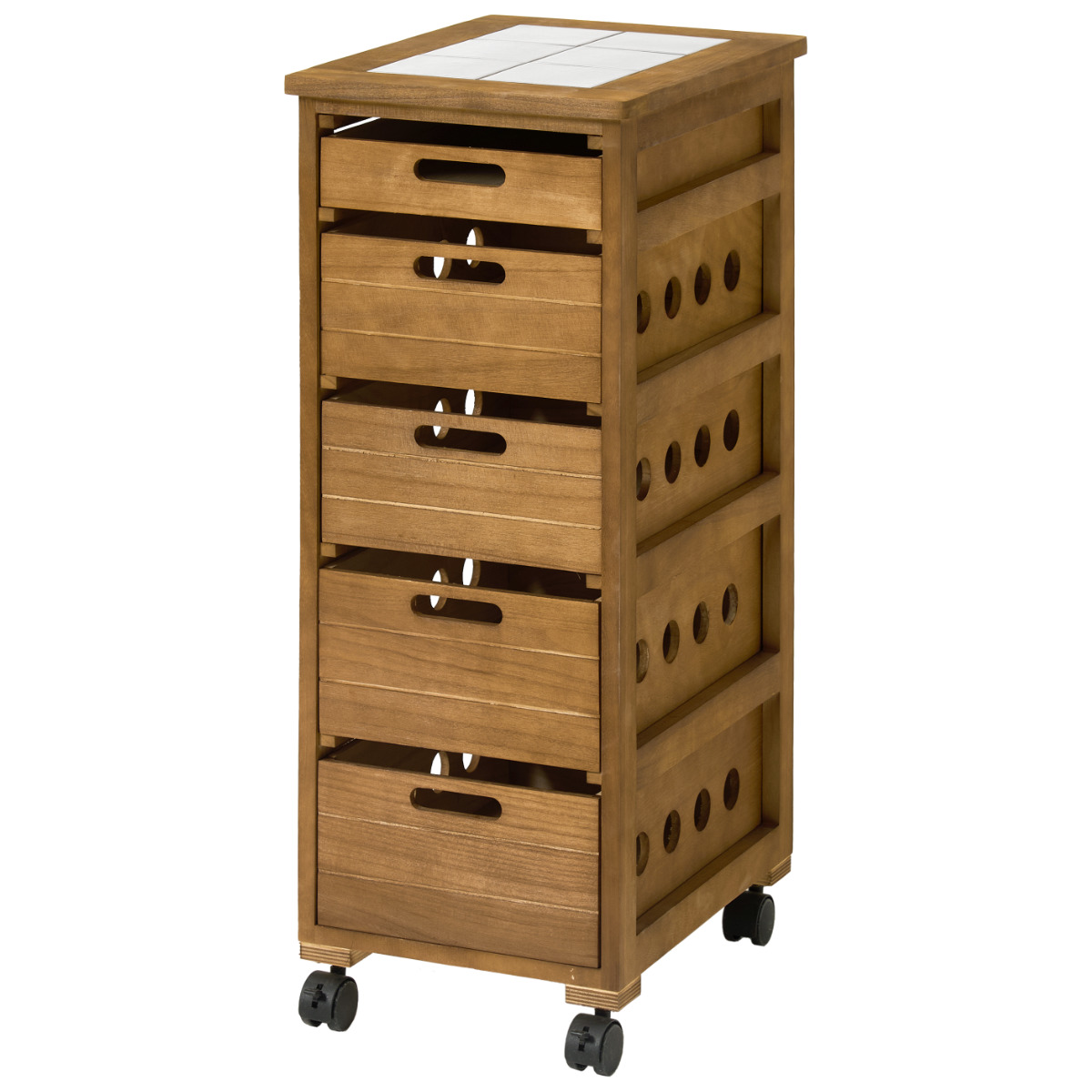キッチンストッカー 幅30cm 5段 スリムタイプ タイルトップ 桐製 キャスター付 ( ストッカー キッチンワゴン 収納 ラック ワゴン スリム 完成品 引き出し 隙間収納 5杯 棚 タイル天板 桐 木製 多目的ラック タイル カウンター ) 【ナチュラル】 ナチュラル
