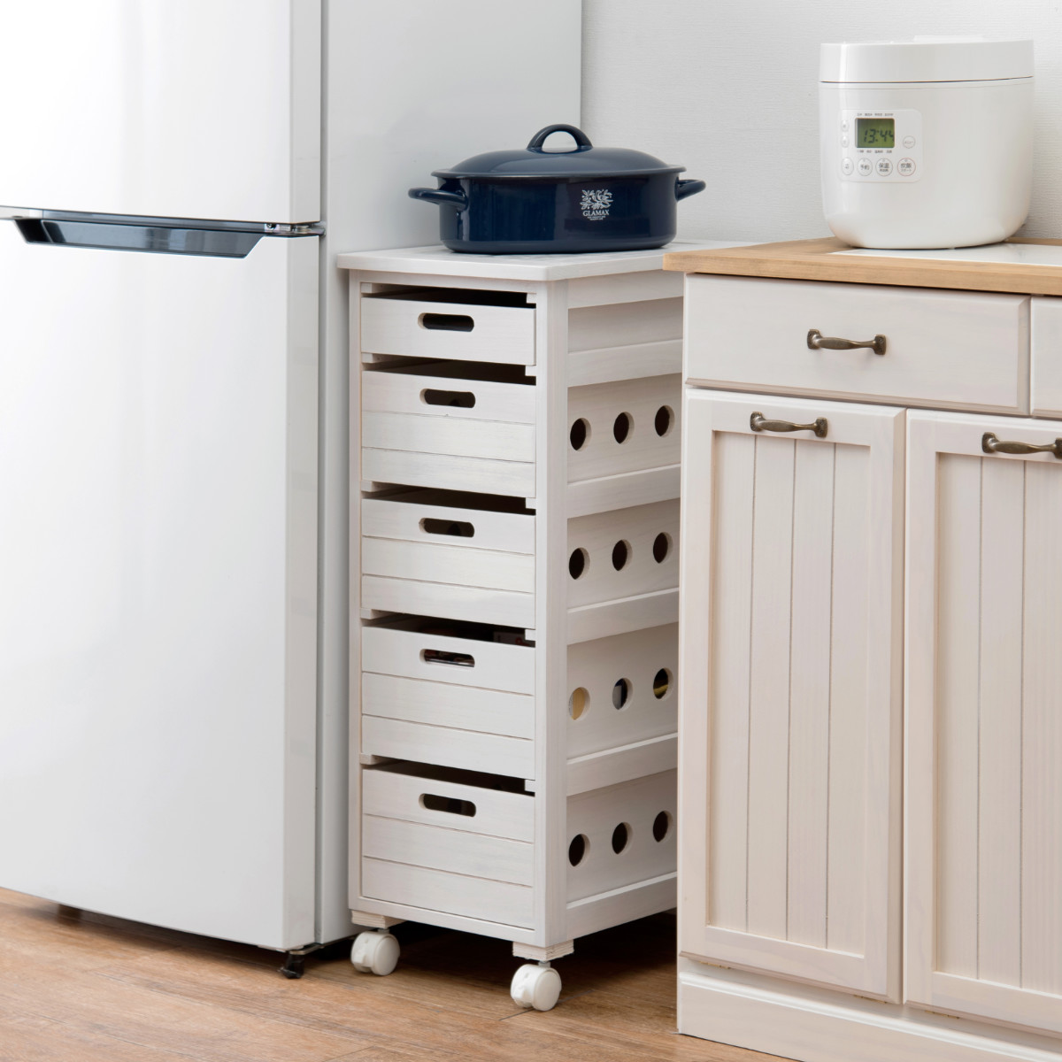 キッチンストッカー 幅30cm 5段 スリムタイプ タイルトップ 桐製 キャスター付 ( ストッカー キッチンワゴン 収納 ラック ワゴン スリム 完成品 引き出し 隙間収納 5杯 棚 タイル天板 桐 木製 多目的ラック タイル カウンター ) 【ナチュラル】 ナチュラル