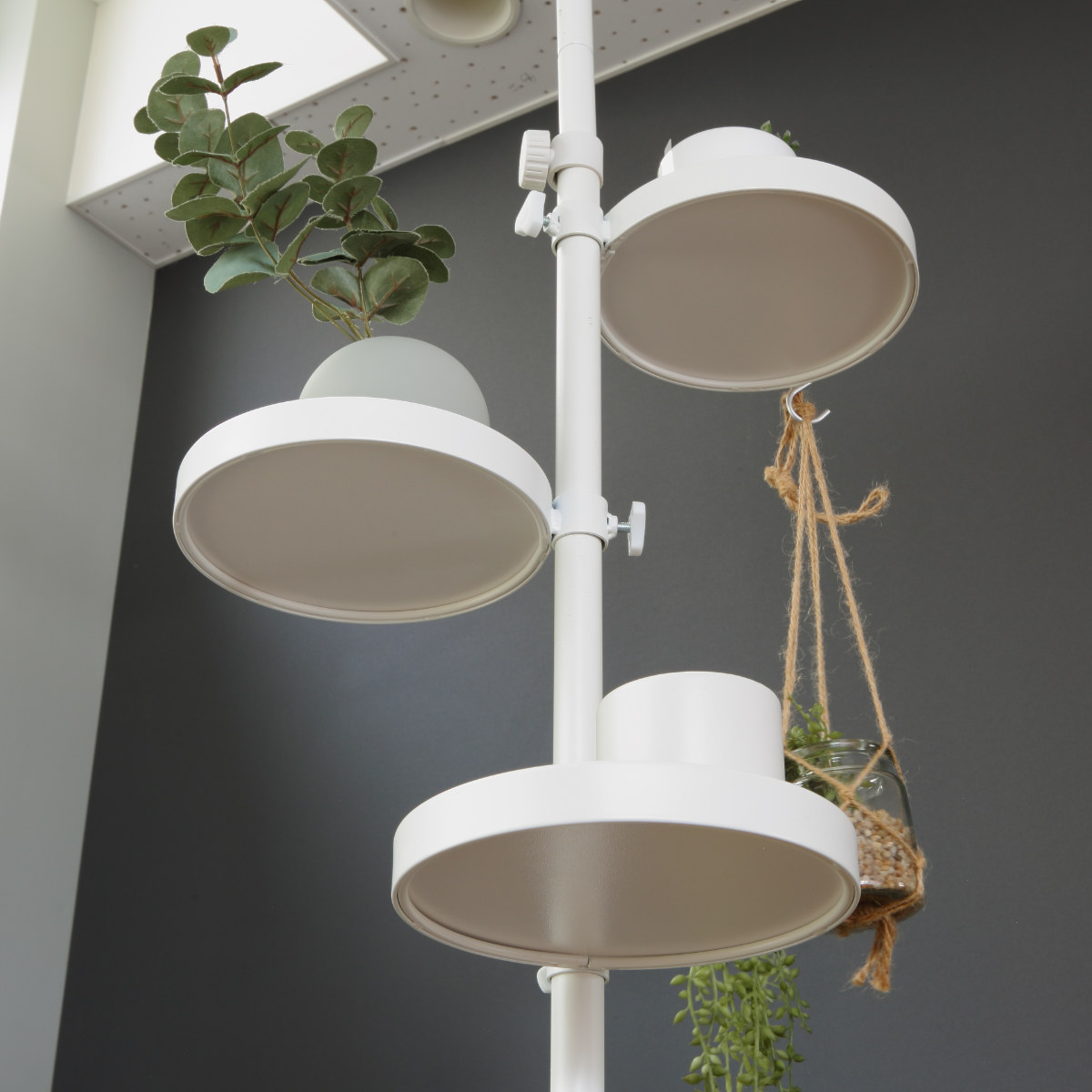 突っ張りポールラック 丸型トレイ5個 高さ調整 見せる収納 ( 突っ張りラック 突っ張り棒 ラック ハンガー ポール スリム 収納 突っ張り 隙間 つっぱり棚 スリムラック 収納ラック トレー 5段 観葉植物 リバーシブル 両面 ) 【ホワイト×ホワイト】 ホワイト×ホワイト