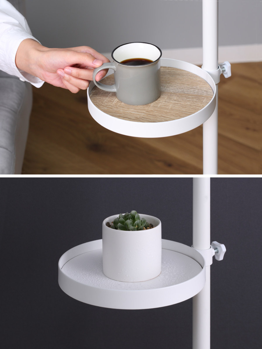 突っ張りポールラック 丸型トレイ5個 高さ調整 見せる収納 ( 突っ張りラック 突っ張り棒 ラック ハンガー ポール スリム 収納 突っ張り 隙間 つっぱり棚 スリムラック 収納ラック トレー 5段 観葉植物 リバーシブル 両面 ) 【ホワイト×ホワイト】 ホワイト×ホワイト
