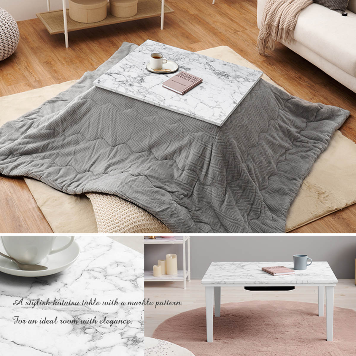 こたつセット 2点セット 大理石柄 幅75cm こたつテーブル×1 うす掛けふとん×1 ( こたつ テーブル こたつ布団 リビングテーブル ローテーブル 長方形 コタツ 天板 メラミン樹脂 1年中 使える 座卓 おしゃれ 奥行60cm ) 【ネイビー】 ネイビー