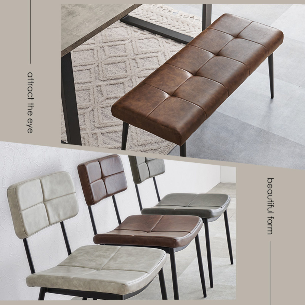 ダイニングテーブルセット 4人掛け 4点セット コンクリート調テーブル幅138cm ベンチ×1 チェア×2 ヴィンテージ調 ( ダイニングセット 食卓テーブル 椅子 テーブル 4人用 ダイニングテーブル ダイニングチェア ベンチ レザー調 ) 【ダークグレー】 ダークグレー