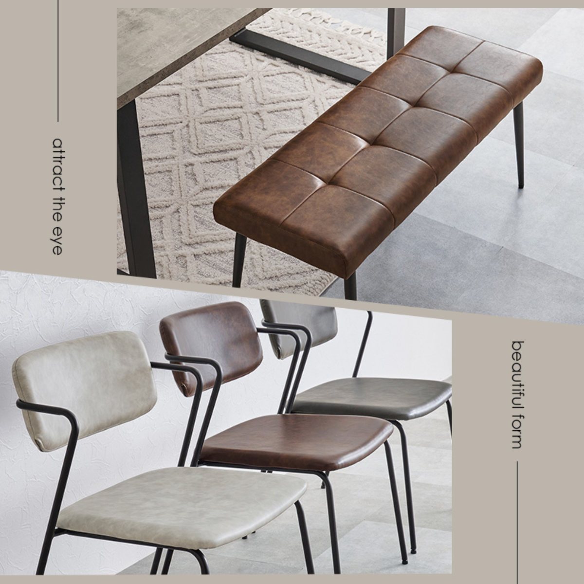 ダイニングテーブルセット 4人掛け 4点セット コンクリート調テーブル幅138cm ベンチ×1 チェア×2 Z型フレーム ( ダイニングセット 食卓テーブル 椅子 テーブル 4人用 ダイニングテーブル ダイニングチェア ベンチ レザー調 ) 【ダークグレー】 ダークグレー