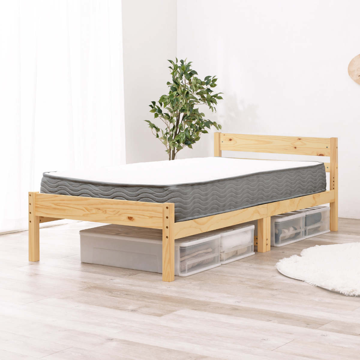 すのこベッド シングル ボンネルマットレス付 床下収納 天然木 ( ベッド マットレス付 耐荷重200kg パイン材 収納 圧縮梱包 ボンネルコイル 厚さ14.5cm マットレスセット ライトブラウン ナチュラル ホワイトウォッシュ ) 【ライトブラウン】 ライトブラウン