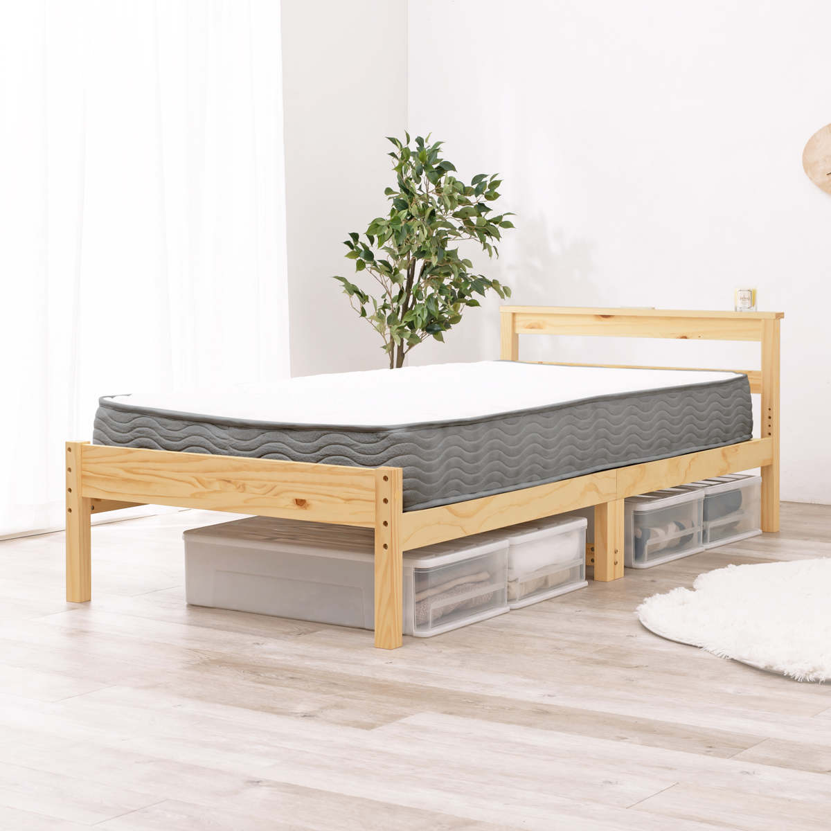 すのこベッド シングル ボンネルマットレス付 宮棚 2口コンセント付 床下収納 天然木 ( ベッド マットレス付 耐荷重200kg 圧縮梱包 ボンネルコイル 厚さ14.5cm マットレスセット ライトブラウン ナチュラル ホワイトウォッシュ ) 【ホワイトウォッシュ】 ホワイトウォッシュ