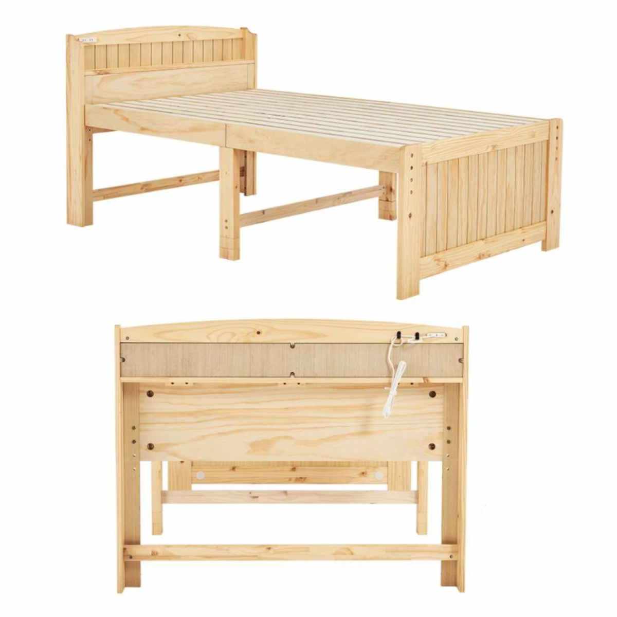 すのこベッド セミダブル ポケットマット付 宮棚 2口コンセント付 ( ベッド マットレス付 ポケットコイル コンセント付 天然木 ベッドフレーム 厚さ20cm ライトブラウン ナチュラル ホワイトウォッシュ ) 【ナチュラル】 ナチュラル