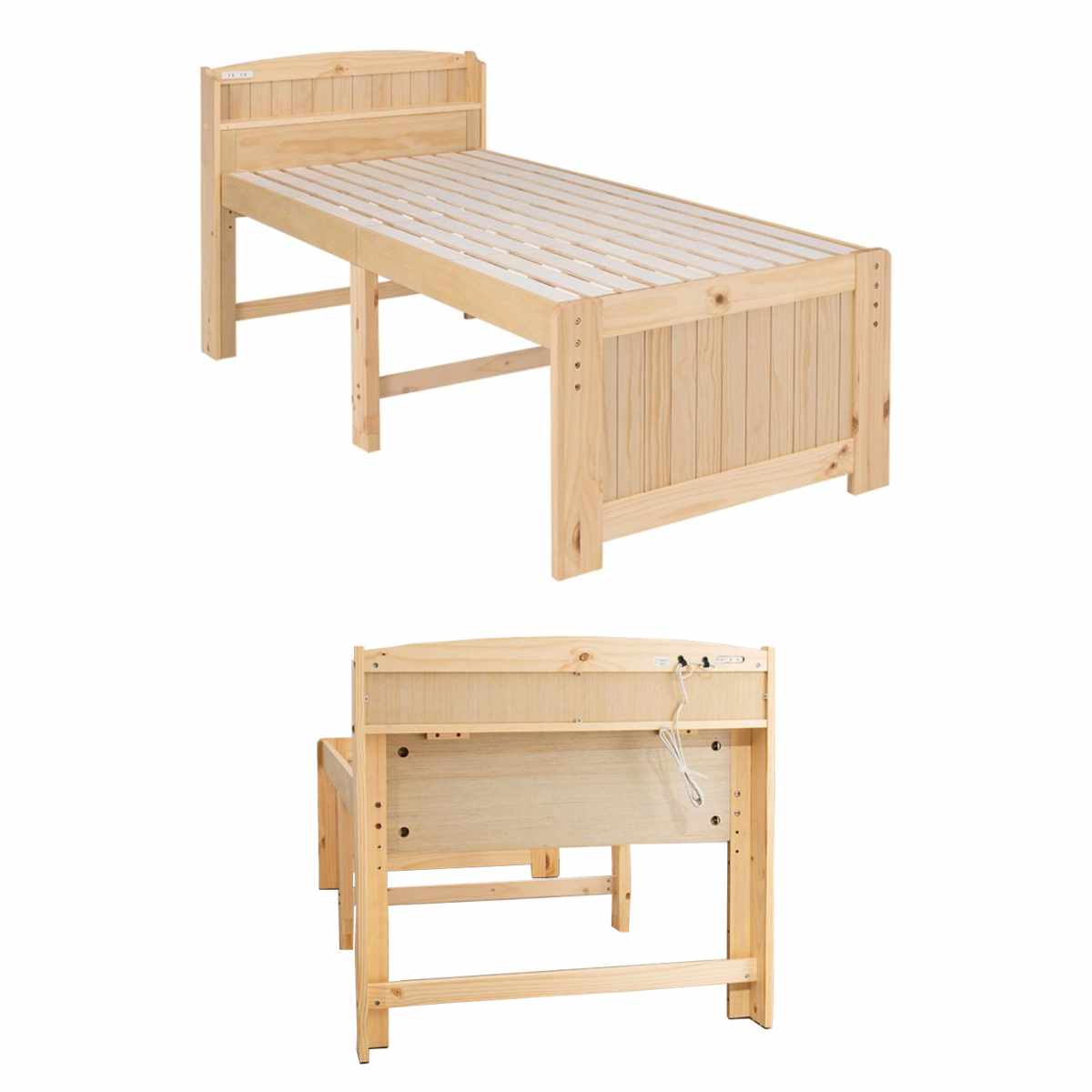 すのこベッド シングル ポケットマット付 宮棚 2口コンセント付 ( ベッド マットレス付 ポケットコイル コンセント付 天然木 ベッドフレーム 厚さ20cm ライトブラウン ナチュラル ホワイトウォッシュ ) 【ライトブラウン】 ライトブラウン