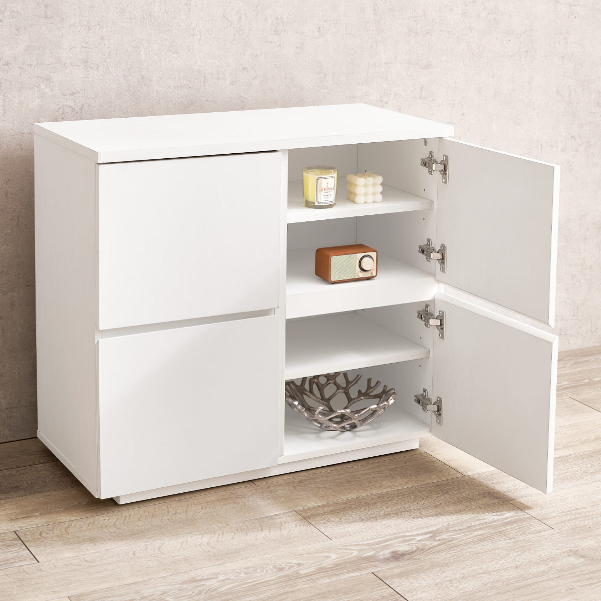 キャビネット 幅79cm 扉付 背面化粧 可動棚 ( チェスト リビングボード 収納 引出し 棚 家具 間仕切り 収納棚 ラック ダークブラウン ナチュラル ホワイト シンプル ) 【ホワイト】 ホワイト