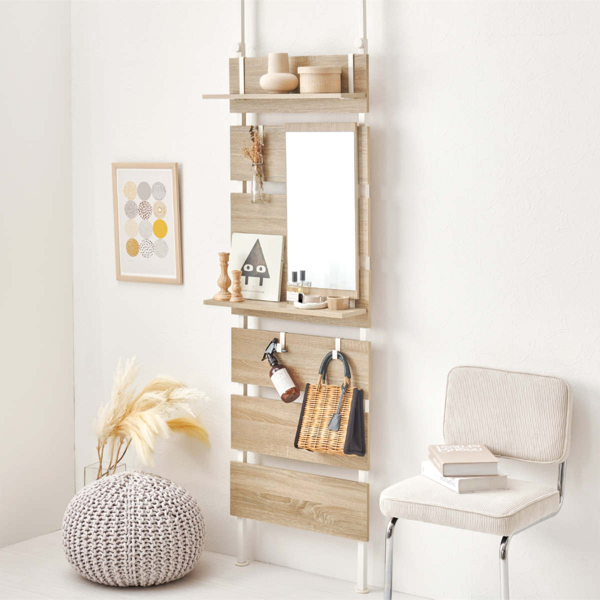 突っ張り ウォールラック 幅60cm ミラー付き 棚板2枚 フック3個 ( ラダーラック 壁面収納 棚 つっぱり 木目調 鏡付き スリムラック 収納ラック 壁面 収納 ウォールシェルフ オープンラック 間仕切り 仕切り フック 棚付き ) 【マーブルホワイト】 マーブルホワイト