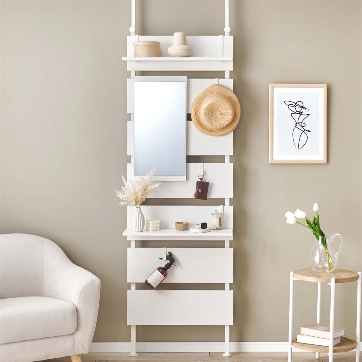 突っ張り ウォールラック 幅60cm ミラー付き 棚板2枚 フック3個 ( ラダーラック 壁面収納 棚 つっぱり 木目調 鏡付き スリムラック 収納ラック 壁面 収納 ウォールシェルフ オープンラック 間仕切り 仕切り フック 棚付き ) 【マーブルホワイト】 マーブルホワイト