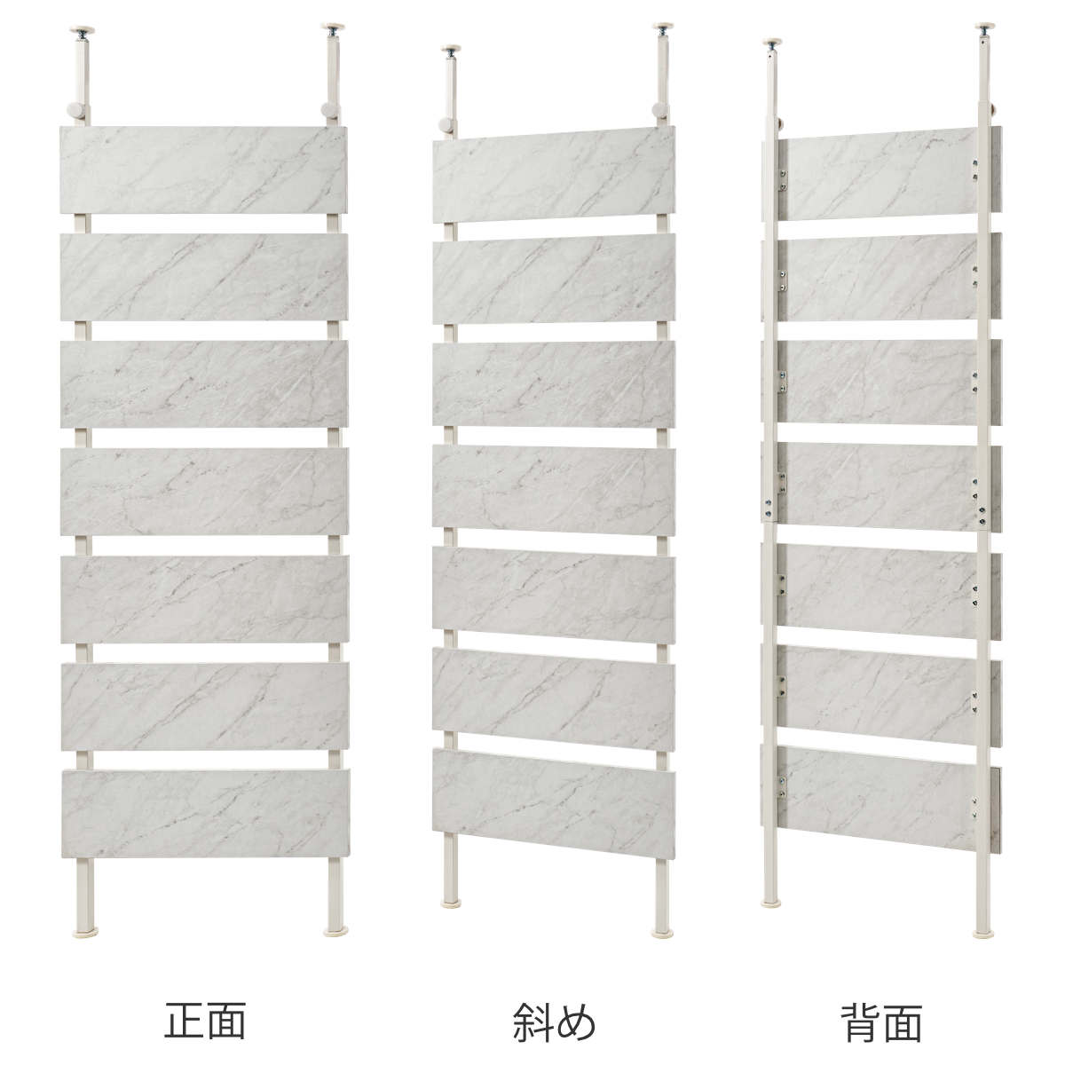 突っ張り ウォールラック 幅60cm ミラー付き 棚板2枚 フック3個 ( ラダーラック 壁面収納 棚 つっぱり 木目調 鏡付き スリムラック 収納ラック 壁面 収納 ウォールシェルフ オープンラック 間仕切り 仕切り フック 棚付き ) 【マーブルホワイト】 マーブルホワイト